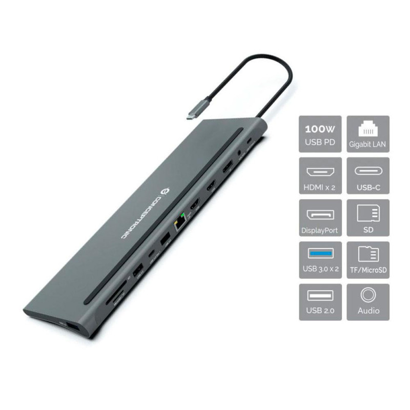 Hub Adaptador Type-C 12 en 1 Conceptronic  / 2x Hdmi / DP / Type-C PD 100w / 2x Usb 3.0 / LAN Gigabit / DONN17G