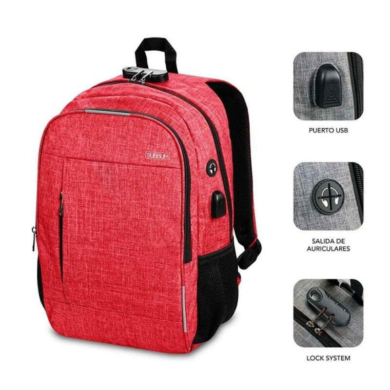 Mochila Subblim Urban Lock System hasta 16\ / Rojo / Puerto USB / Antirrobo por combinacion / SUB-BP-1UL0002"
