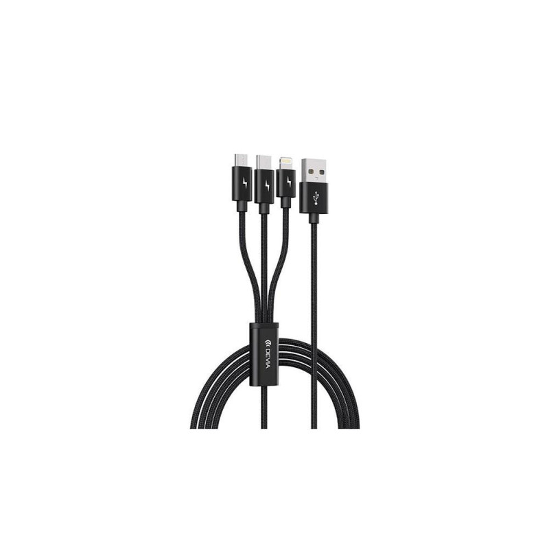 Cable datos DEVIA Gracious 3 en 1 (Micro Usb, Iphone, Type C) / 5V / 3A / 1.2M / Negro / 337086
