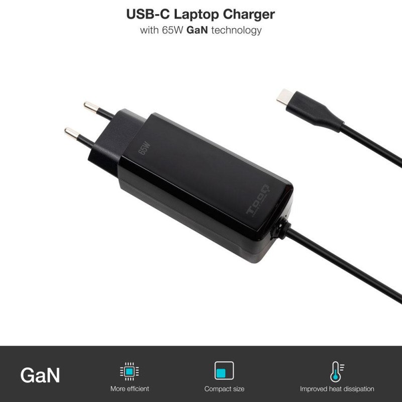 Cargador para portátil universal automático GAN 65W Type-C PD / Tooq / Negro / TQLC-USBCGAN65PD-C