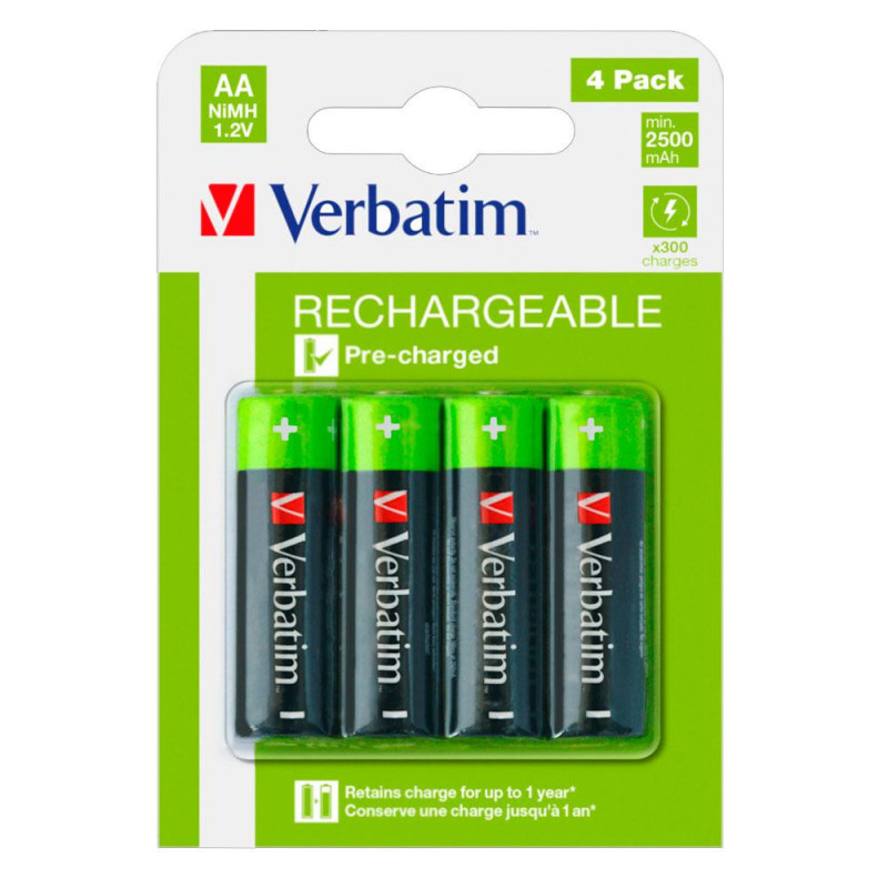 Pilas Recargables Verbatim AA HR06 / 2.500mAh NiMh / 1.2V / LR06 / Pack 4 uds / 49517