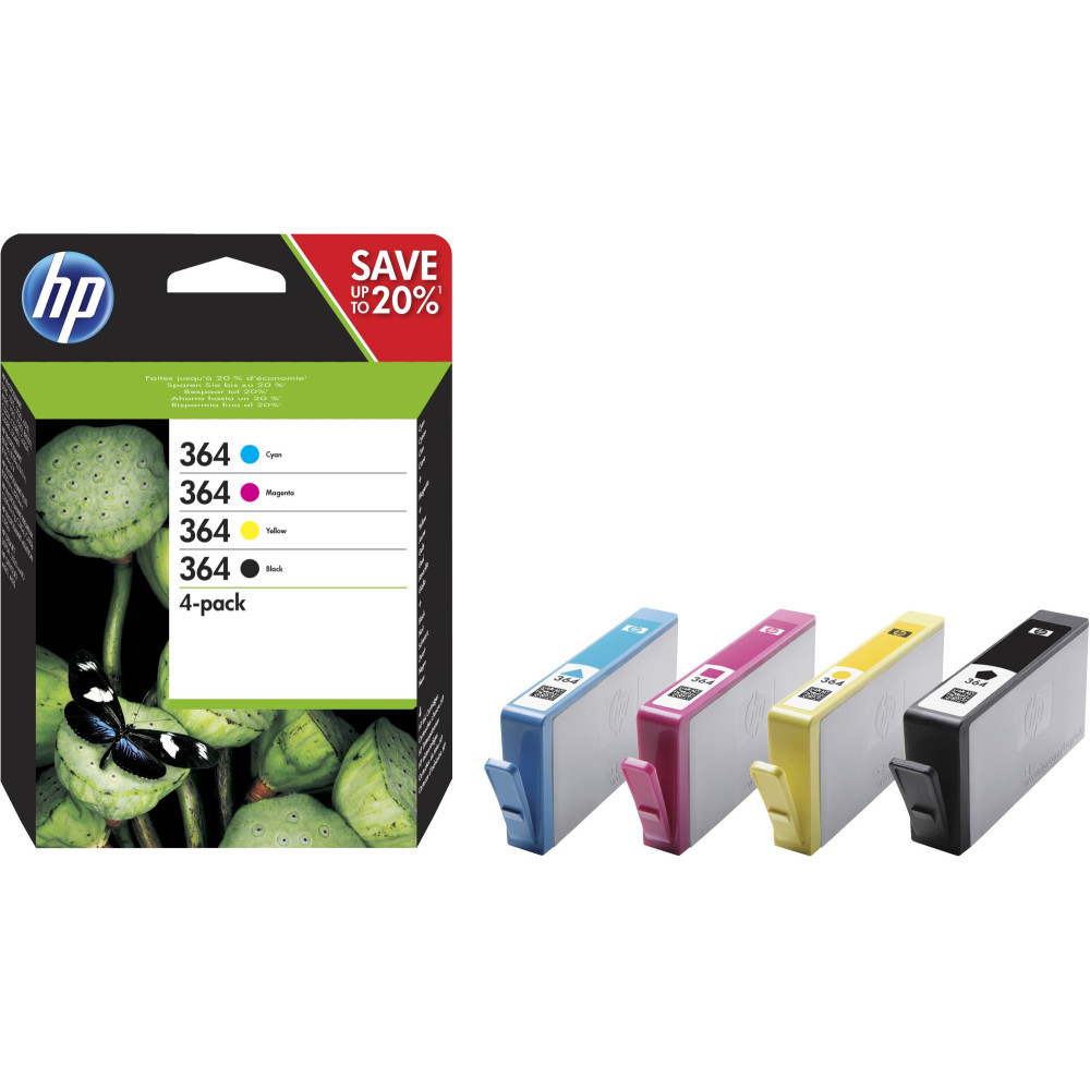 Pack 4 colores tintas originales hp n364 negro,cian,magenta y amarillo n9j73ae