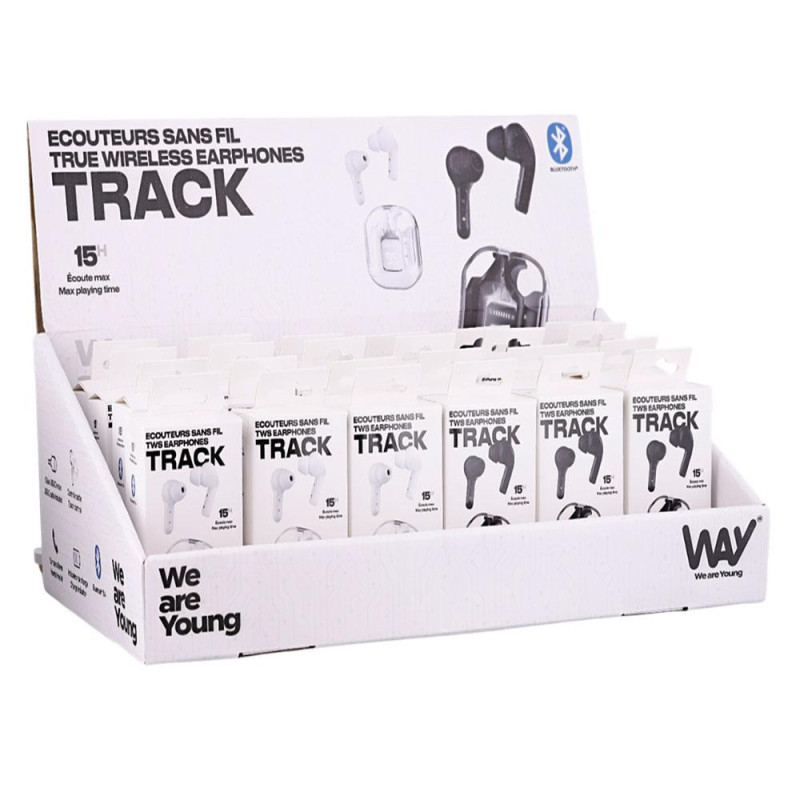 Pack Expositor TNB Way + 24 Auriculares Track TWS / 12 Negros - 12 Blancos / Estuche con indicador de carga / Tactil