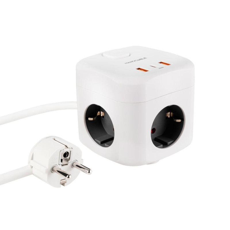 Base de 3 enchufes con interruptor + (2 USB-A + 1 TYPE-C) / GaN + PPS / PD 20W / Blanco / Nanocable 10.37.0011