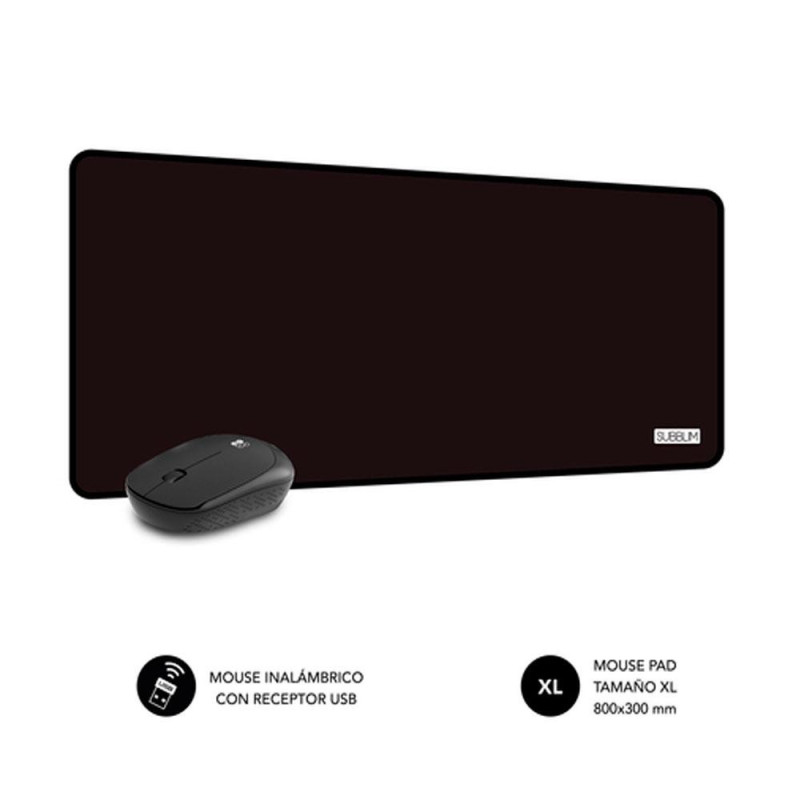 Pack Harmony Alfombrilla XL+ Raton Inalámbrico Subblim / 800x300x2mm / 1.200 DPI / Negro / SUBMP-03HP001