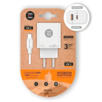 Cargador Portatil / Smartphone GAN 65W + Cable Usb / 1x Type-C PD / 1x USB QC 3.0 / Tech One Tech / Blanco / TEC2273