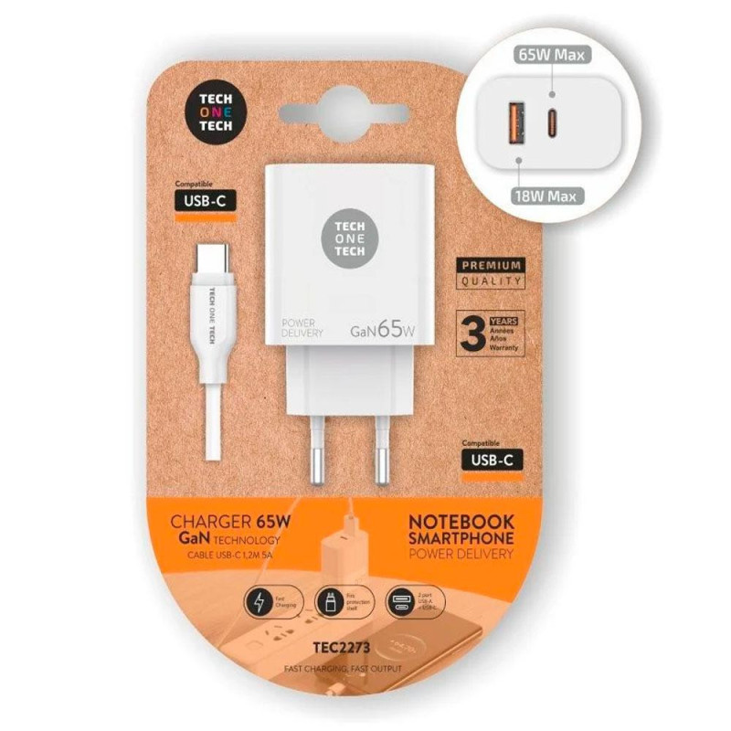 Cargador Portatil / Smartphone GAN 65W + Cable Usb / 1x Type-C PD / 1x USB QC 3.0 / Tech One Tech / Blanco / TEC2273