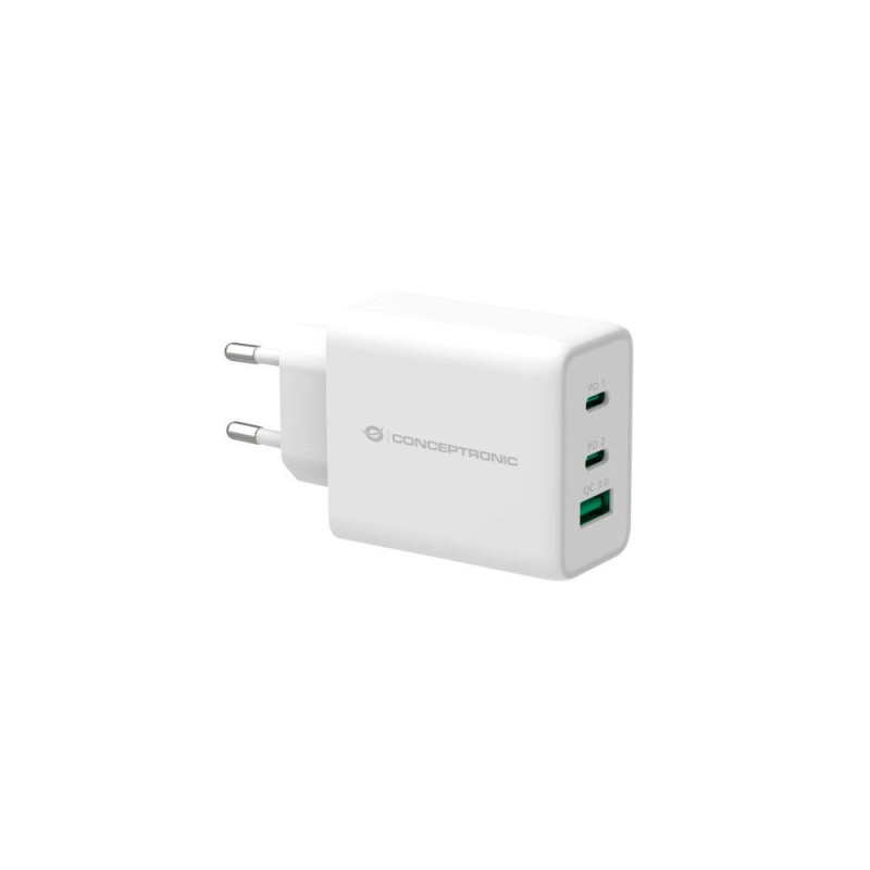 Cargador de red Usb + 2x Type-C / 65w / Blanco / Quick Charge 3.0 / Conceptronic / ALTHEA12W