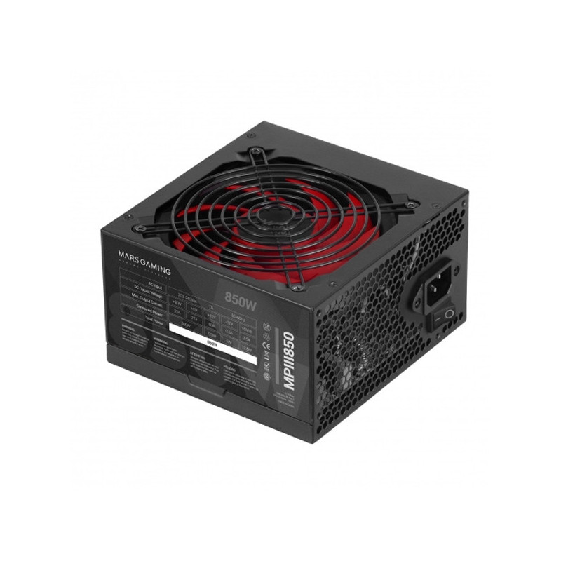 Fuente de alimentacion mars gaming mpiii 850w, eficiencia 85% pfc activo vent 12x12 14db hasw