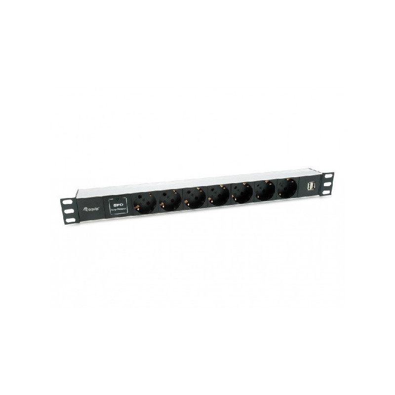 Regleta alimentacion aluminio rack 19\ 1u 7 tomas tipo shucko euro + 2 tomas usb con protector spd c"