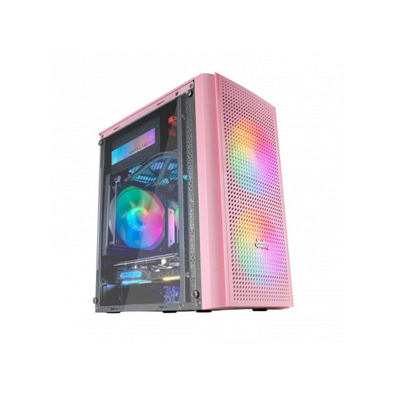 Caja microatx gaming mars gaming mc300 pink frontal mesh 3xventiladores 120mm rgb lateral de cristal