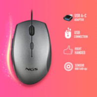 Mouse ngs ergo moth gray con cable y botones silenciosos. adaptador usb a tipo c
