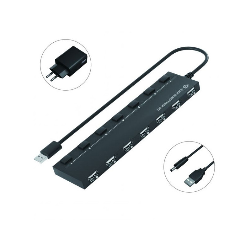 Hub usb 2.0 conceptronic hubbies08 a 7xusb-a 2.0 con interruptores y alimentador