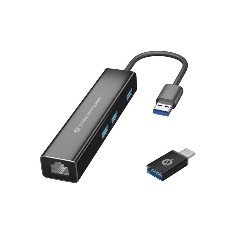 Adaptador usb a gigabit ethernet rj45 conceptronic con hub usb 3.0 3 puertos y adaptador usb-c