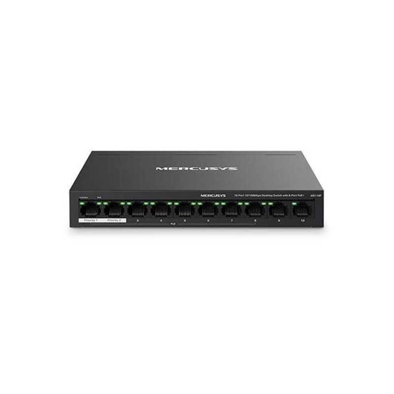 Switch poe+ no gestionable mercusys ms110p 10p 10/100 con 8p poe+ 65w ethernet mini desktop