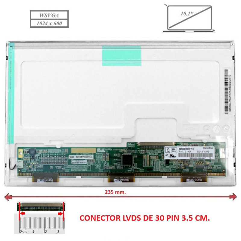 Pantalla compatible para portátil LED 10\ 30 Pines Conector Ancho"