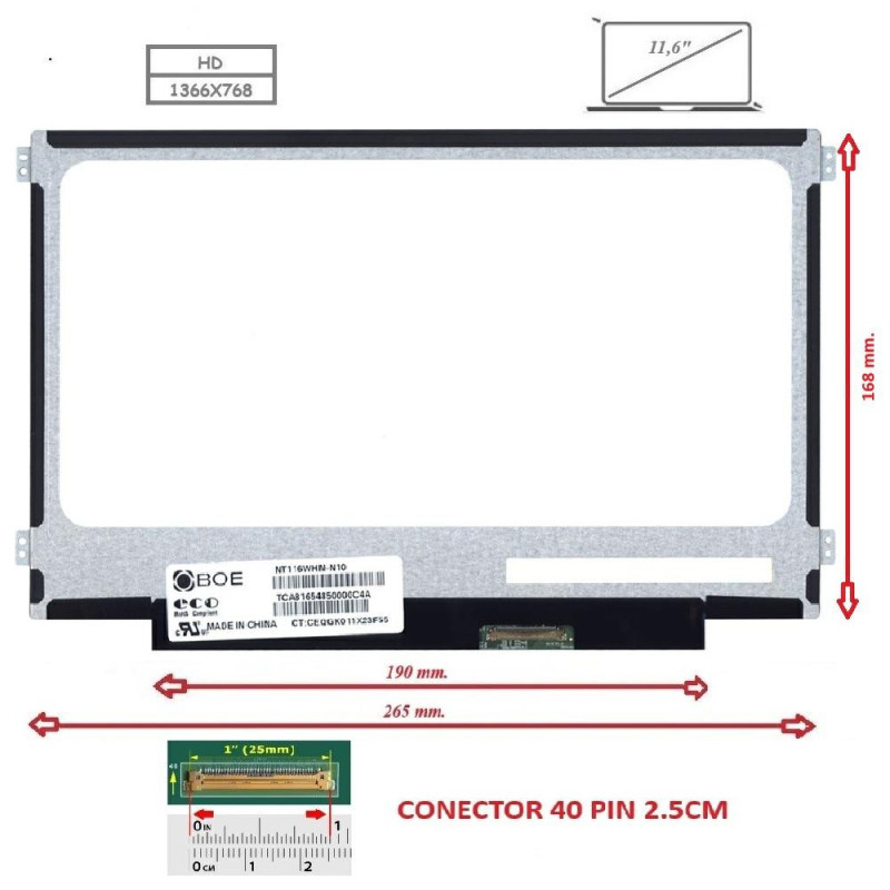 Pantalla compatible para portátil LED 11.6\ SLIM 40 Pines HD Brackets laterales 16cm"