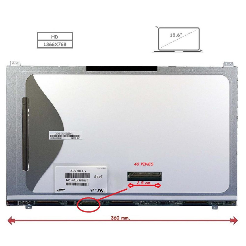 Pantalla para portátil LED 15.6\ Slim 40 pines WXGA 4 brackets"