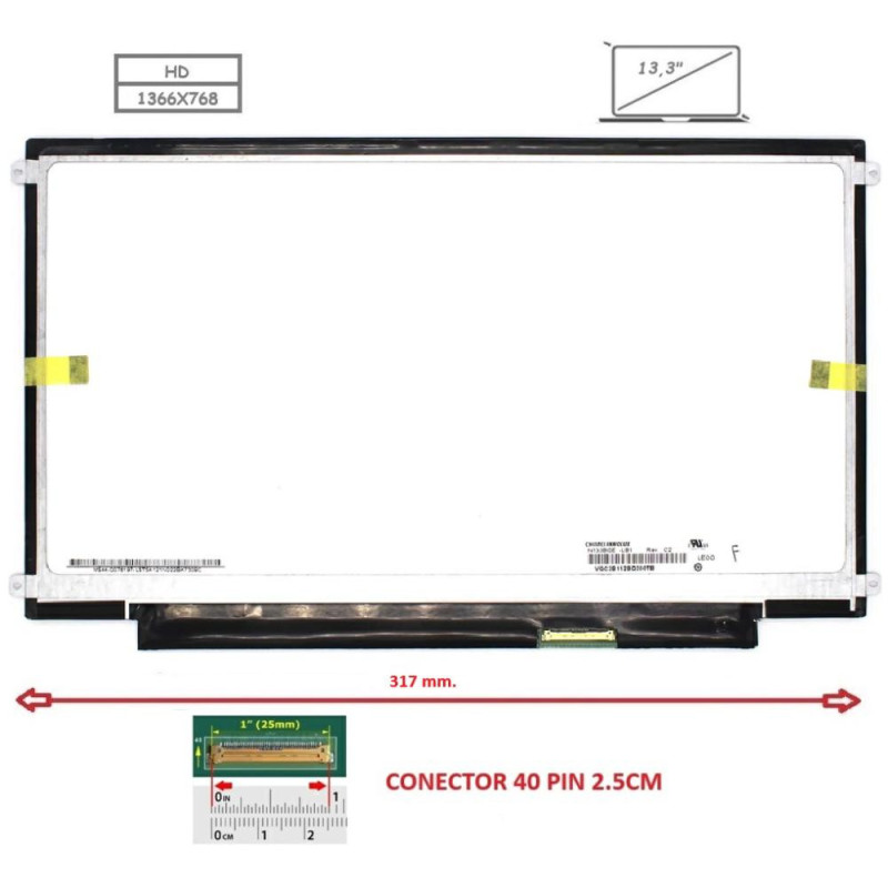 Pantalla compatible para portátil LED 13.3\ SLIM 40 Pines HD Brackets Laterales"