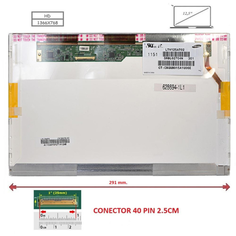 Pantalla compatible para portátil LED 12.5\ 40 Pines HD"
