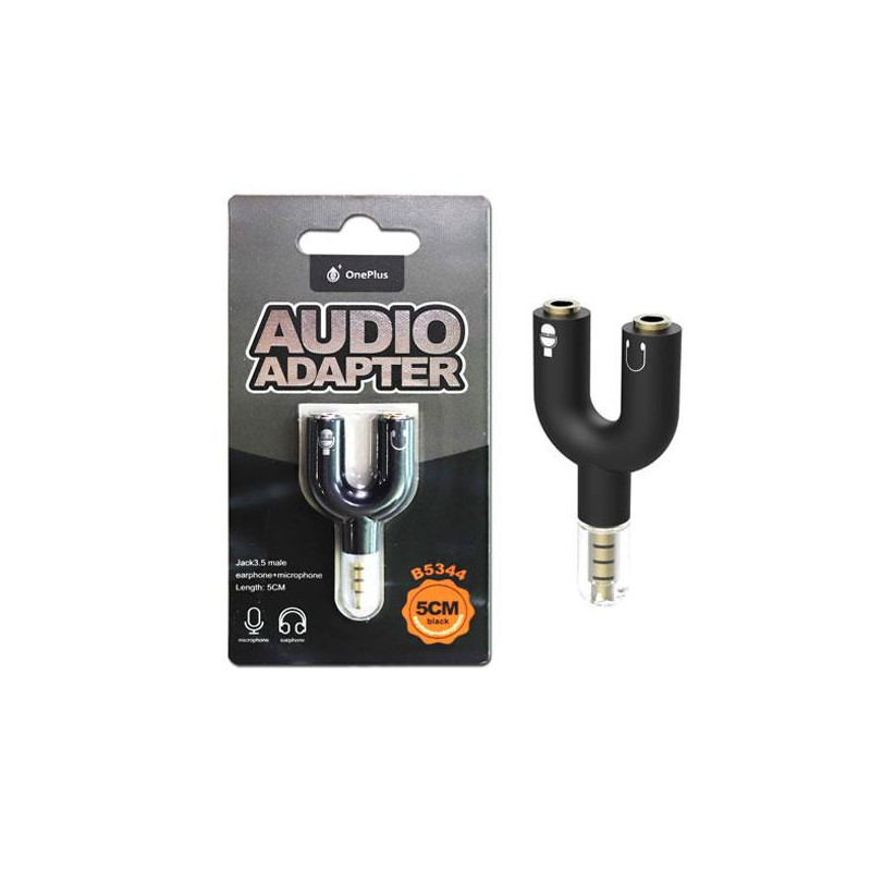 Adaptador divisor de audio y microfono Jack 3.5mm macho a 2 Jack 3.5mm Hembra / B5344 / Negro / One+