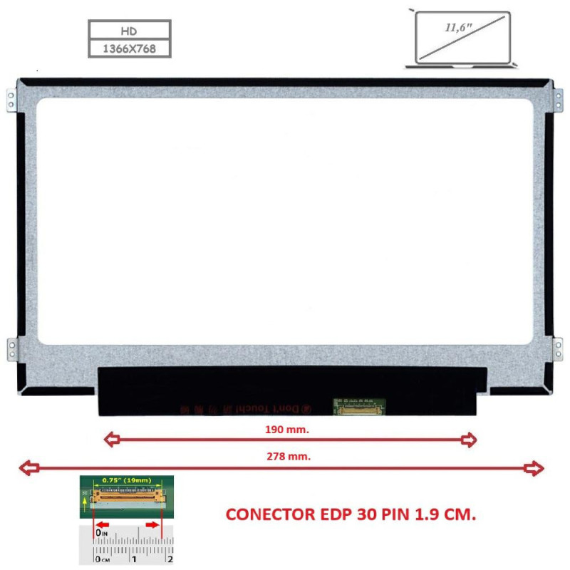 Pantalla compatible para portátil LED 11.6\ SLIM 30 Pines HD Brackets laterales"