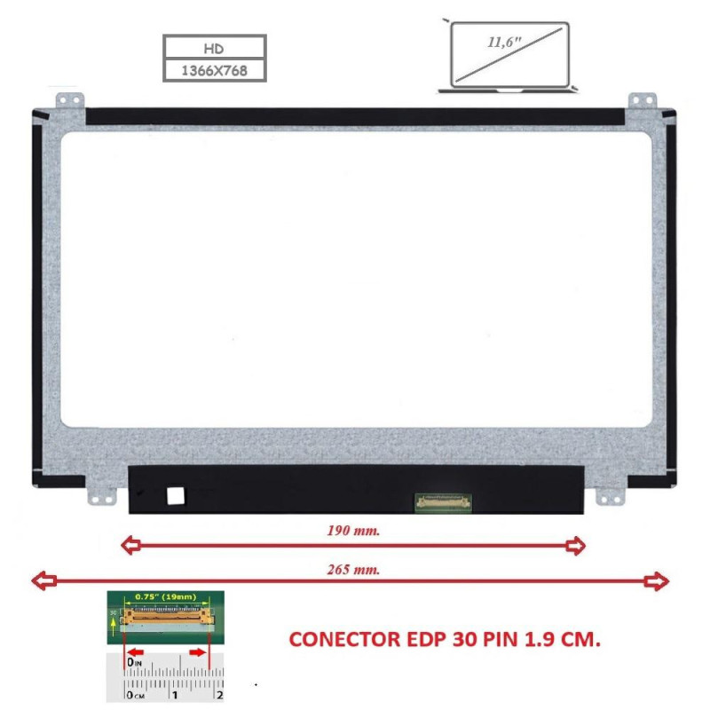 Pantalla compatible para portátil LED 11.6\ SLIM 30 Pines HD con Brackets"