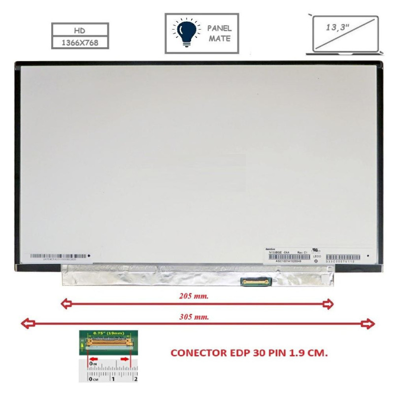Pantalla compatible para portátil LED 13.3\ SLIM 30 Pines HD Sin Brackets Mate"