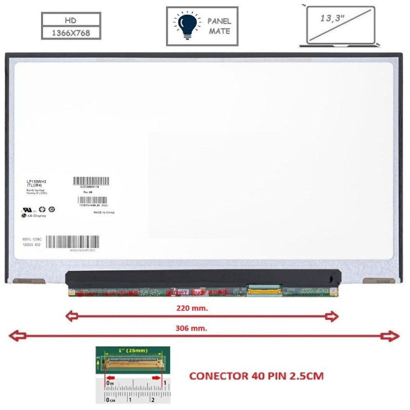Pantalla compatible para portátil LED 13.3\ SLIM 40 Pines HD Sin Brackets Mate"