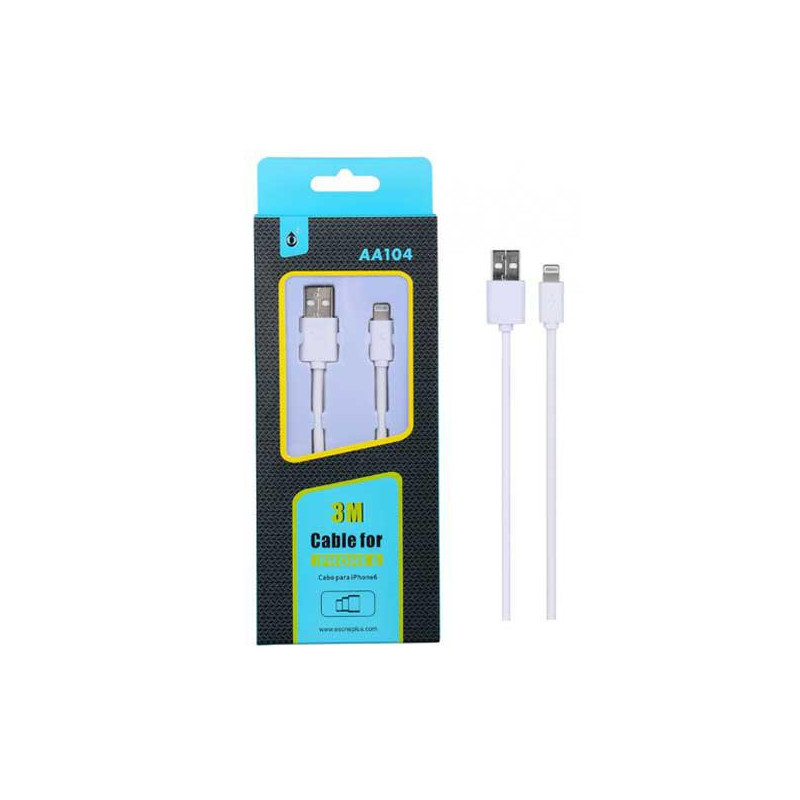 Cable datos USB 2.0 a Lightning iPhone 5-12 / 3m / 2.4a / AA104  / Blanco / One+