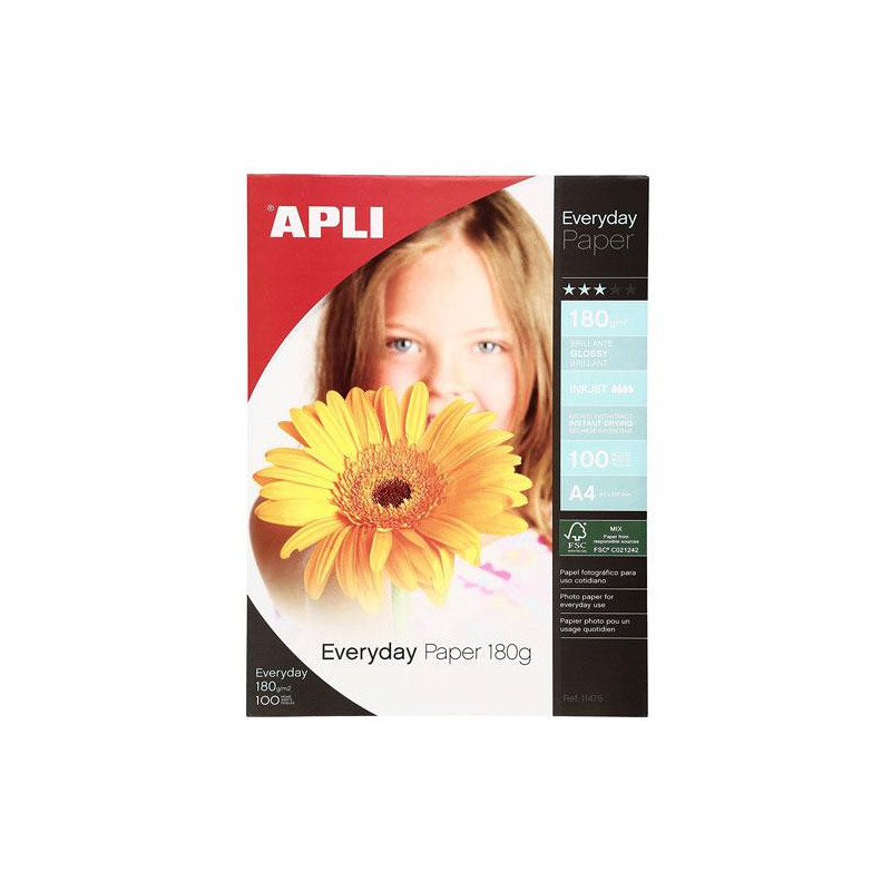Papel Fotografico Apli A4 / 180 gr./ 100 Hojas / Acabado brillante / 11475