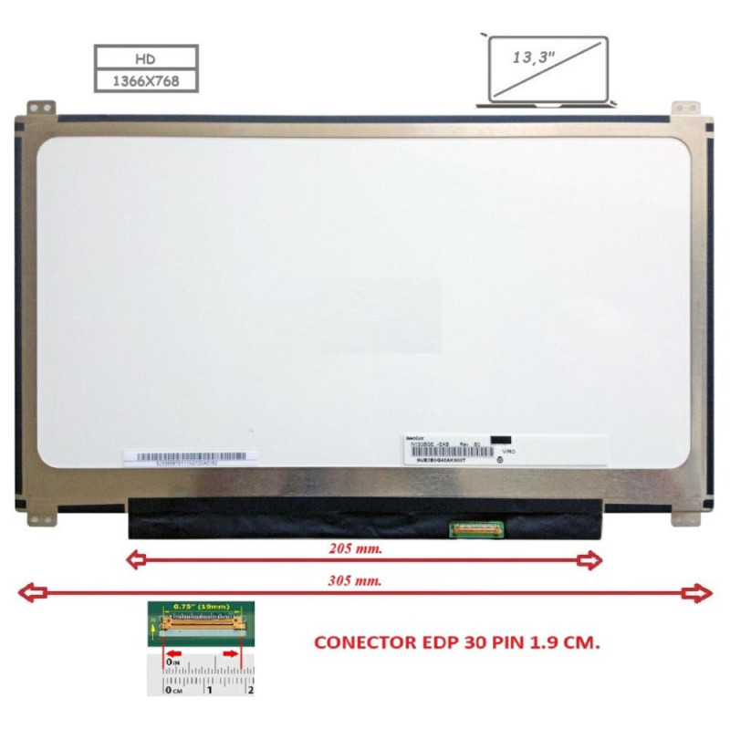 Pantalla compatible para portátil LED 13.3\ SLIM 30 Pines HD con Brackets"