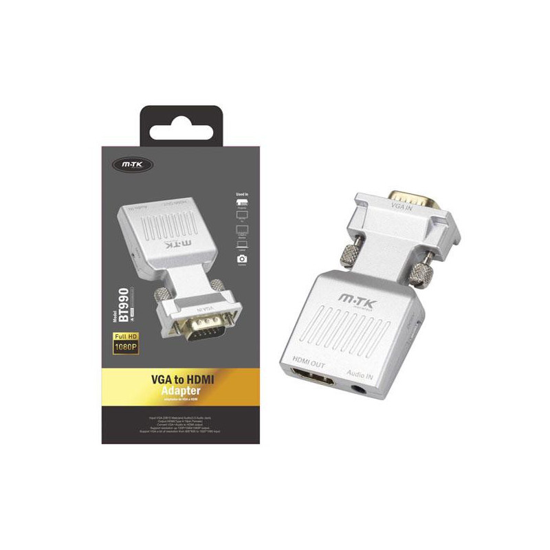 Adaptador video VGA a HDMI + Audio / Jack 3.5mm / 1080p / Plata / BT990 / Mtk