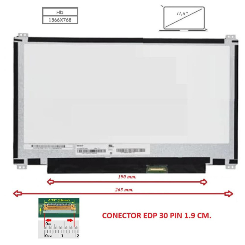 Pantalla compatible para portátil LED 11.6\ SLIM 30 Pines con brackets al borde"