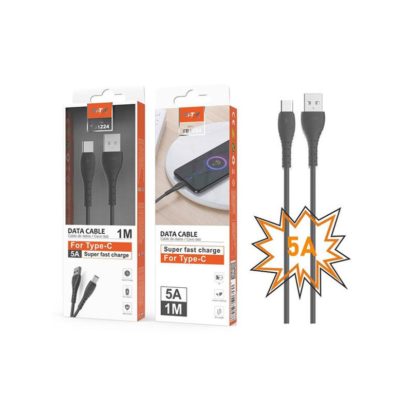 Cable datos USB 2.0 a Type-C / 1m / 5a / Carga rapida / Butter TB1224 / Negro / Mtk
