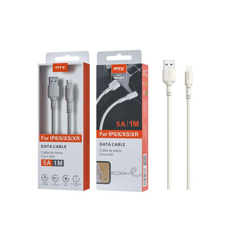 Cable datos USB 2.0 a Lightning IPhone 12-14 / 1m / 5a / Indicador de carga / TB1227 / Blanco / Mtk