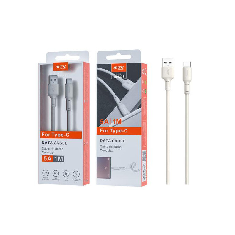 Cable datos USB 2.0 a Type-C / 1m / 5a / Carga rapida / Indicador de carga / TB1228 / Blanco  / Mtk
