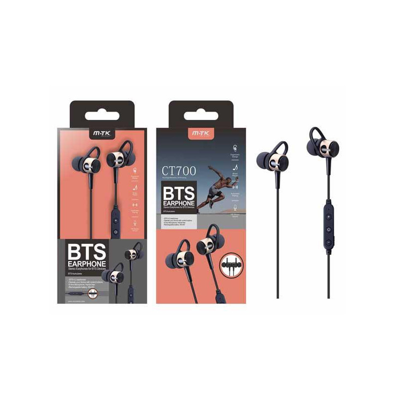 Auriculares con cable Bluetooth Deportivos CT700 / Manos Libres / Controles cable / Oro / Mtk