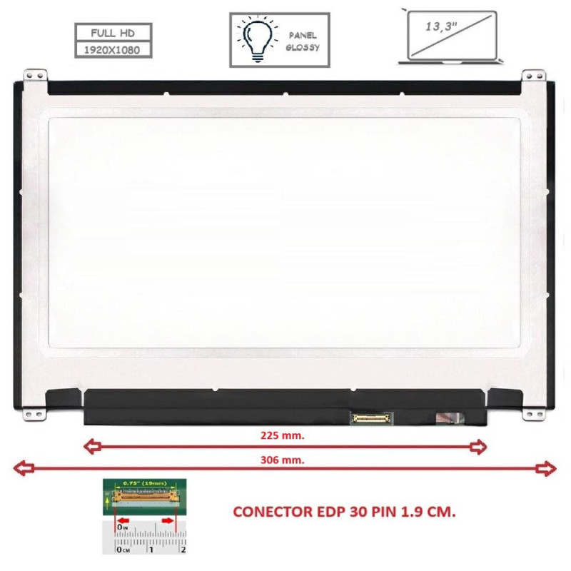 Pantalla compatible para portátil LED 13.3\ SLIM 30 Pines FULL HD con Brackets Brillo"