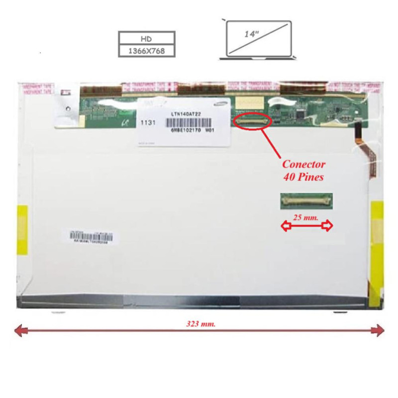 Pantalla para portátil LED 14\ 40 pin 1366x768"