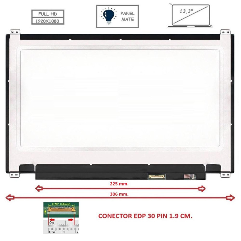 Pantalla compatible para portátil LED 13.3\ SLIM 30 Pines FULL HD con Brackets Mate"