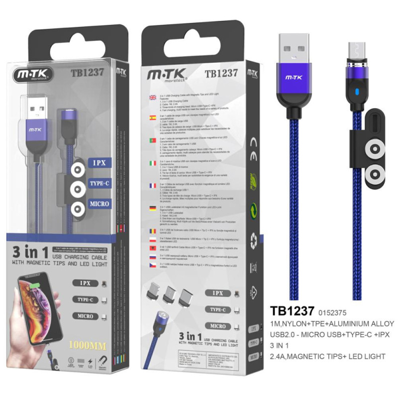 Cable datos 3 en 1 magnético (MicroUSB + Type-C + lightning) 1m / 2.4a / Azul / TB1237 / ONE+