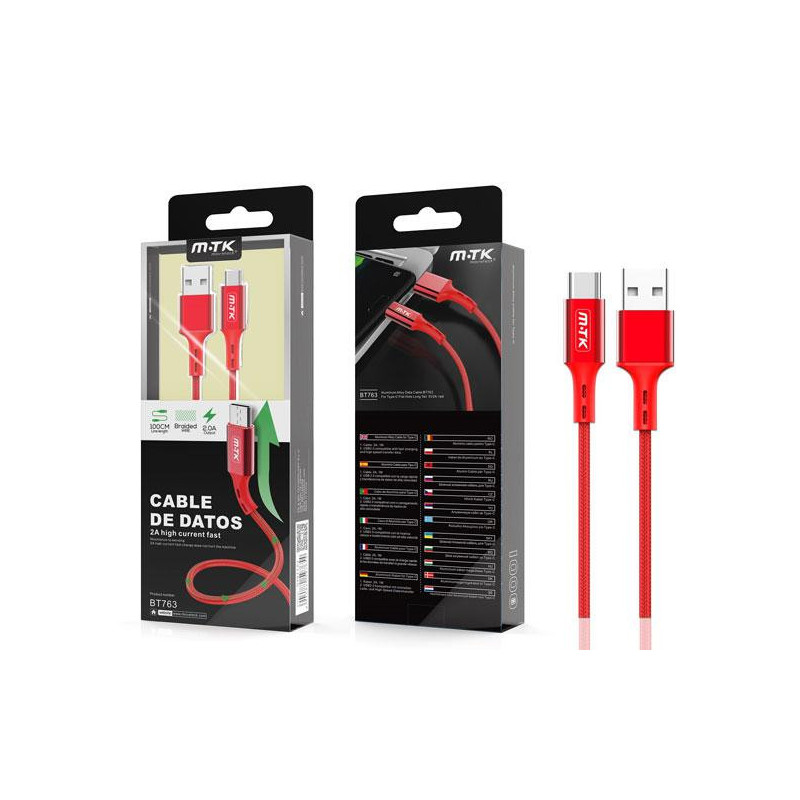Cable datos USB 2.0 a Type-C / 1m / 2.4a / Aluminio / Trenzado / Bt763 / Rojo / MTK