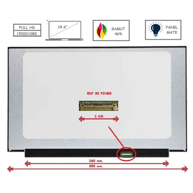 Pantalla para portátil LED 15.6\ Slim 30 Pines Full HD Sin Brackets Gamut 46% Mate"