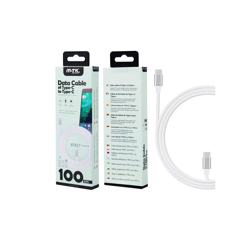 Cable datos Type-C M/M / 1m / 5a / PD 25w / Carga rapida /  BT817 / Blanco / One+