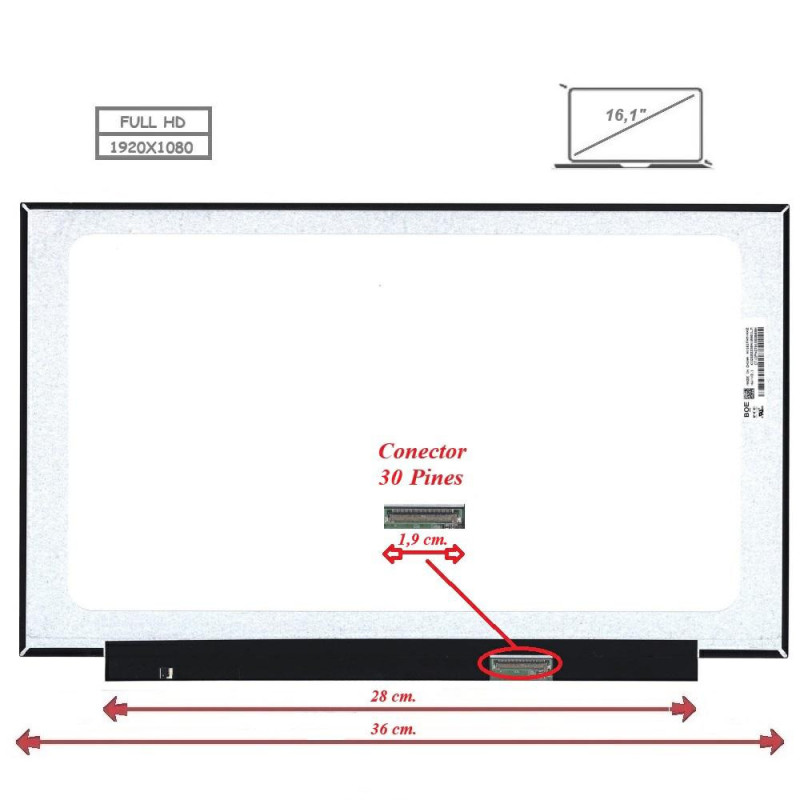 Pantalla para portátil LED 16.1\ Slim 30 Pines Full HD Sin Brackets"