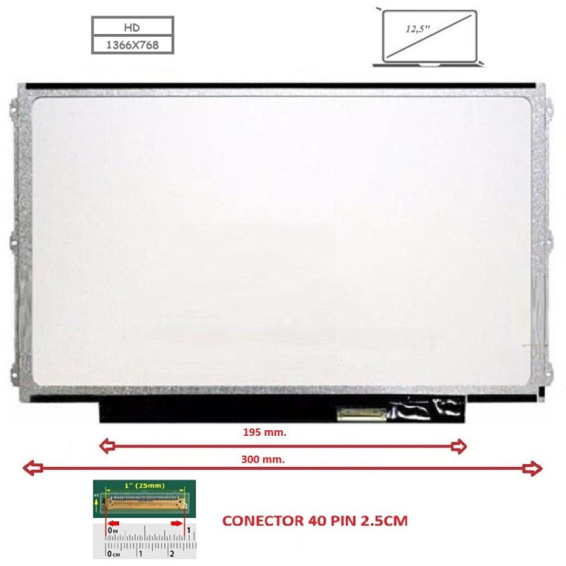 Pantalla compatible para portátil LED 12.5\ SLIM 40 Pines HD Brackets laterales"
