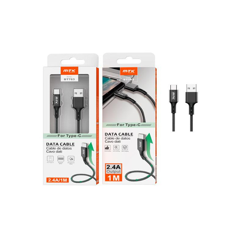 Cable datos USB 2.0 a Type-C / 1m / 2.4a / Aluminio / Trenzado / Bt763 / Negro / MTK