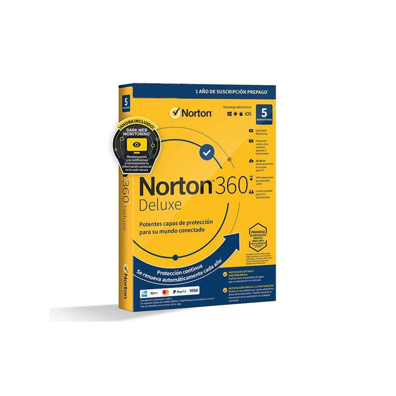 Antivirus Norton 360 Deluxe 50Gb / 1 Usuario / 5 Dispositivos / 1 Año / Box / 21433201
