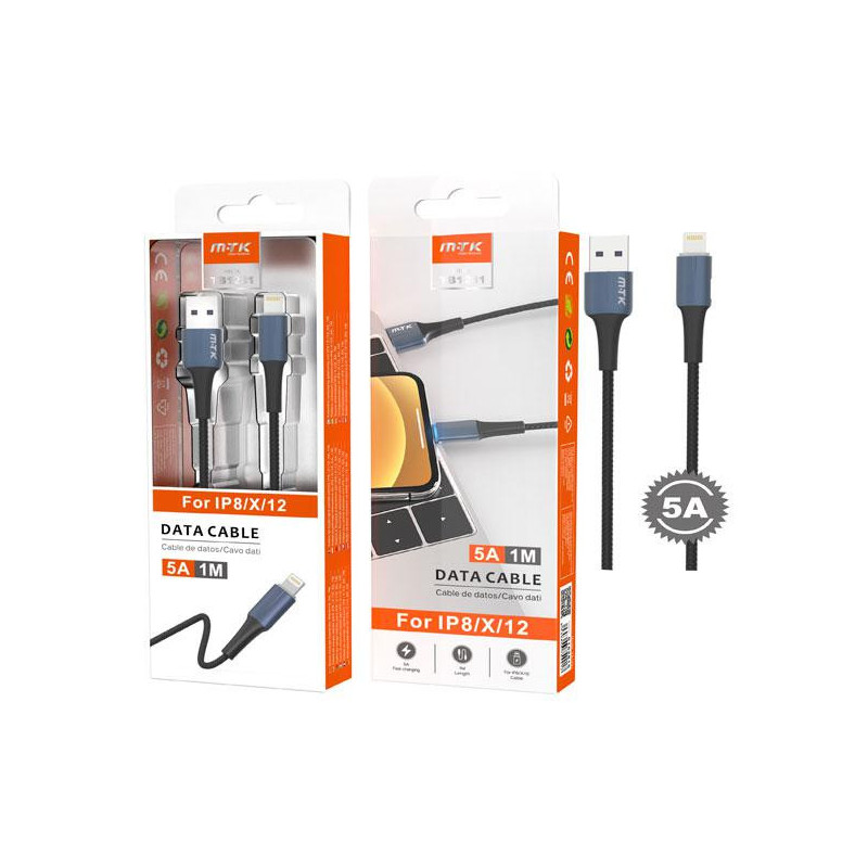 Cable datos USB 2.0 a Lightning iPhone 8-14 / 1m / 5a / Carga rapida / TB1281 / Azul / One+